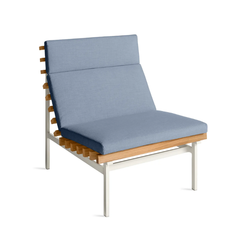 The Perch Outdoor Lounge Chair from Blu Dot with white frame and sunbrella haze upholstery from a high angle.