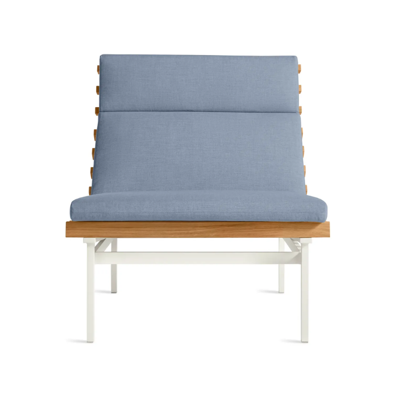 The Perch Outdoor Lounge Chair from Blu Dot with white frame and sunbrella haze upholstery.