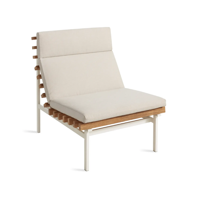 The Perch Outdoor Lounge Chair from Blu Dot with white frame and sunbrella linen upholstery from a high angle.