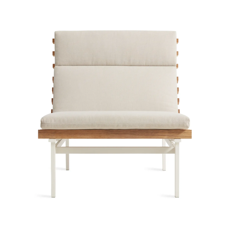 The Perch Outdoor Lounge Chair from Blu Dot with white frame and sunbrella linen upholstery.