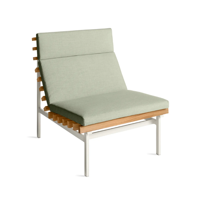 The Perch Outdoor Lounge Chair from Blu Dot with white frame and sunbrella oasis upholstery from a high angle.