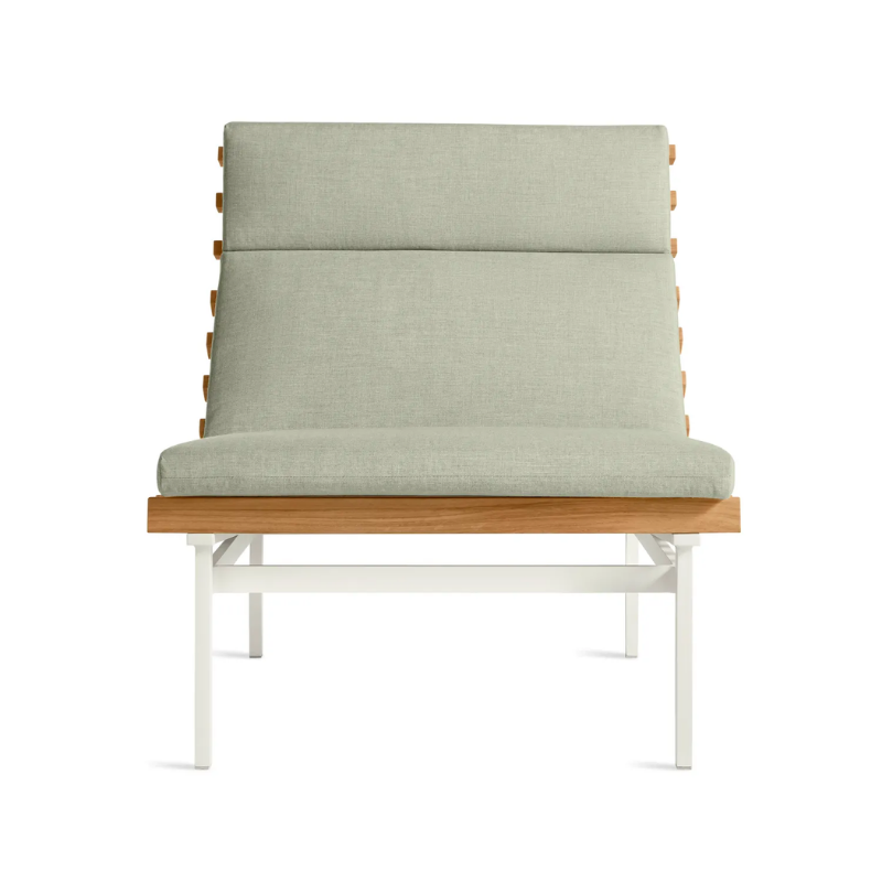The Perch Outdoor Lounge Chair from Blu Dot with white frame and sunbrella oasis upholstery.