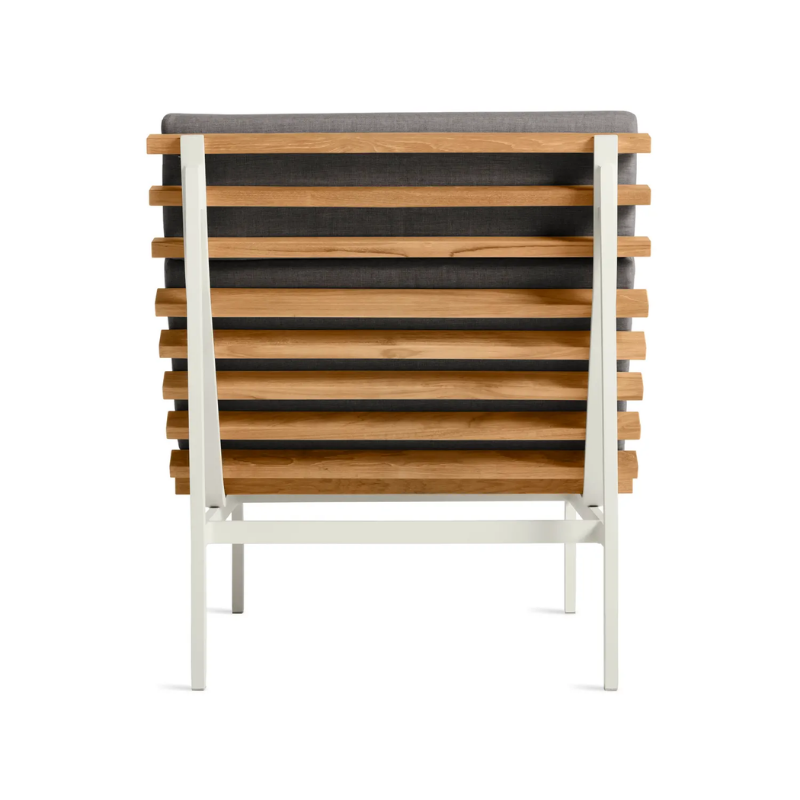 The Perch Outdoor Lounge Chair from Blu Dot with white frame and toohey charcoal upholstery from the back.