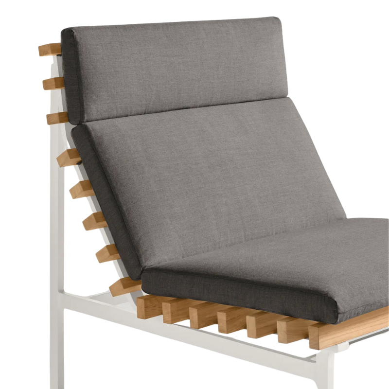 The Perch Outdoor Lounge Chair from Blu Dot with white frame and toohey charcoal upholstery close up.