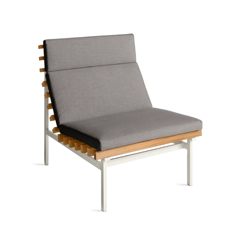 The Perch Outdoor Lounge Chair from Blu Dot with white frame and toohey charcoal upholstery from a high angle.