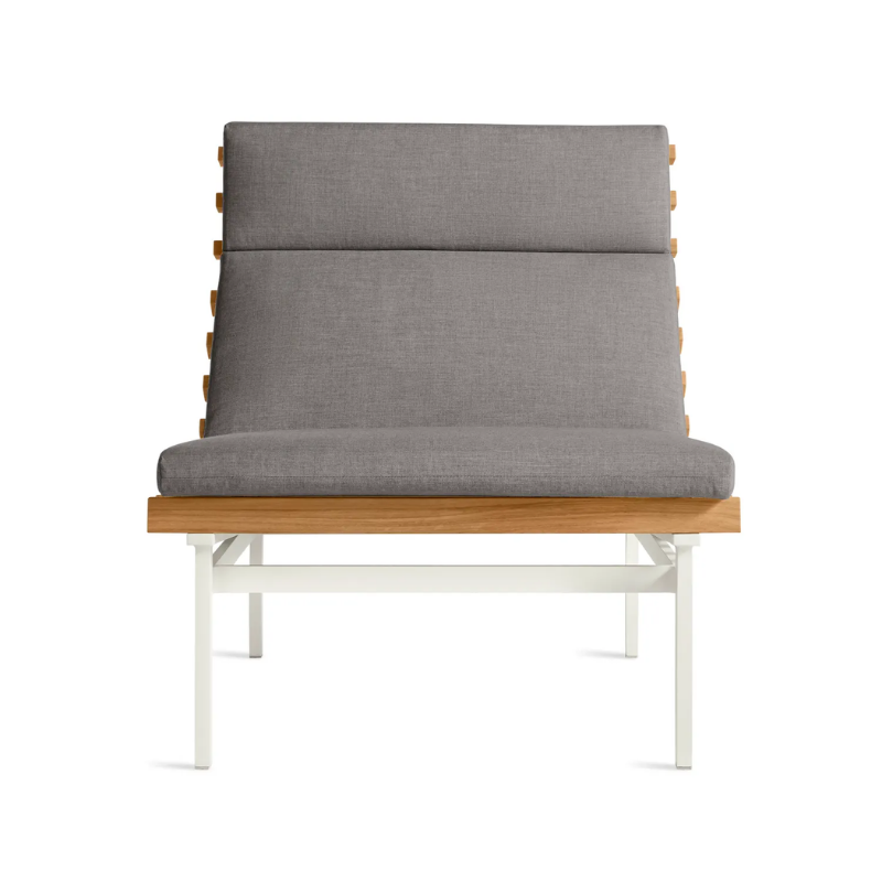The Perch Outdoor Lounge Chair from Blu Dot with white frame and toohey charcoal upholstery.