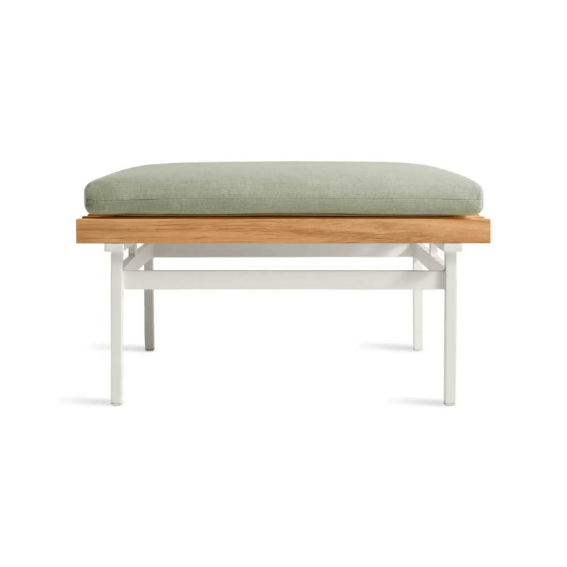 The Perch Outdoor Ottoman from String Furniture with white frame and sunbrella oasis upholstery.
