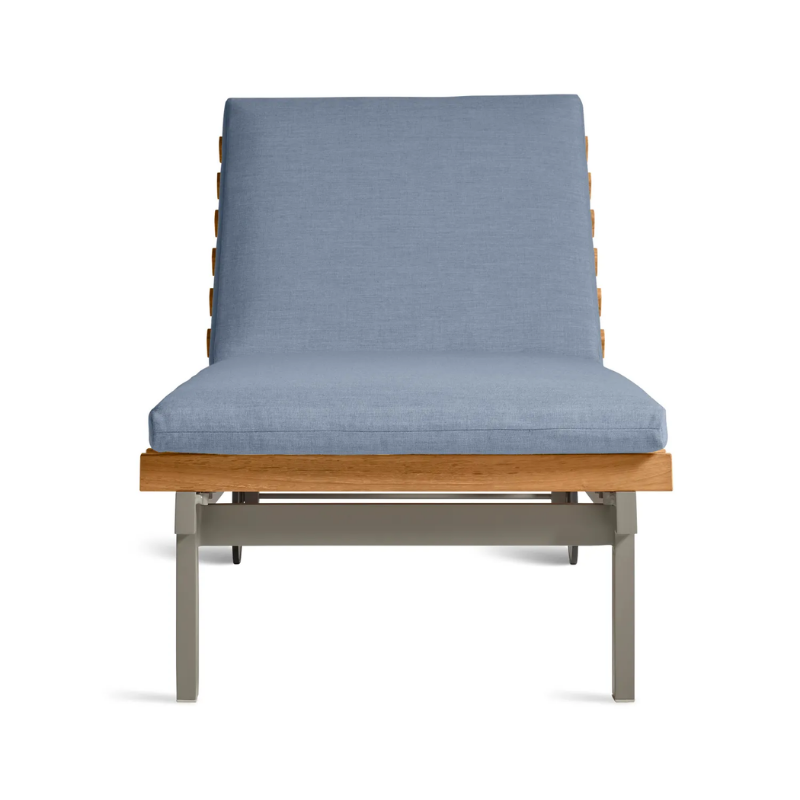 The Perch Outdoor Sun Lounger from Blu Dot with the carbon frame and sunbrella haze upholstery from the front.