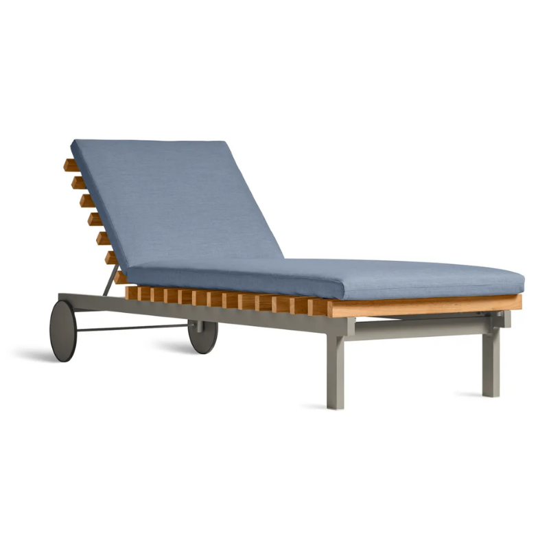 The Perch Outdoor Sun Lounger from Blu Dot with the carbon frame and sunbrella haze upholstery.