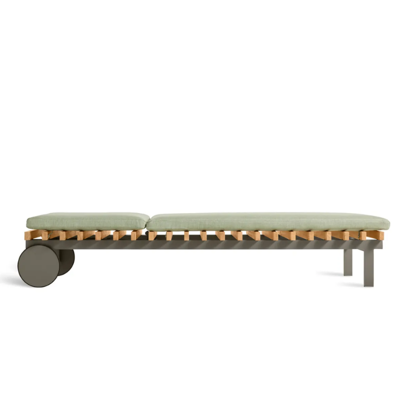 The Perch Outdoor Sun Lounger from Blu Dot with the carbon frame and sunbrella oasis upholstery flat.