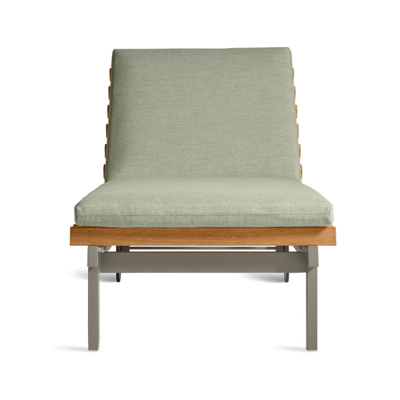 The Perch Outdoor Sun Lounger from Blu Dot with the carbon frame and sunbrella oasis upholstery from the front.