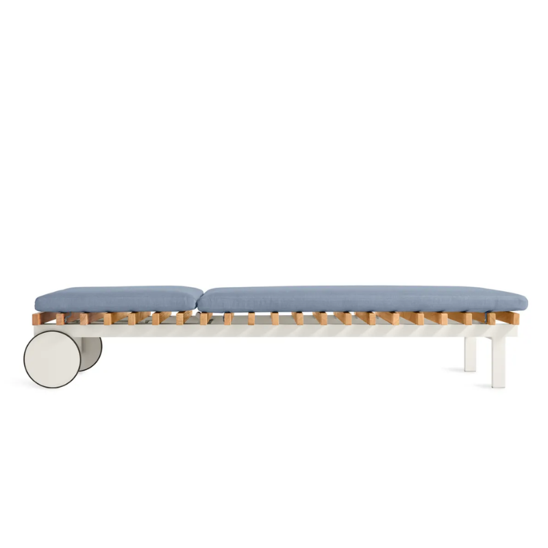 The Perch Outdoor Sun Lounger from Blu Dot with the white frame and sunbrella haze upholstery flat.