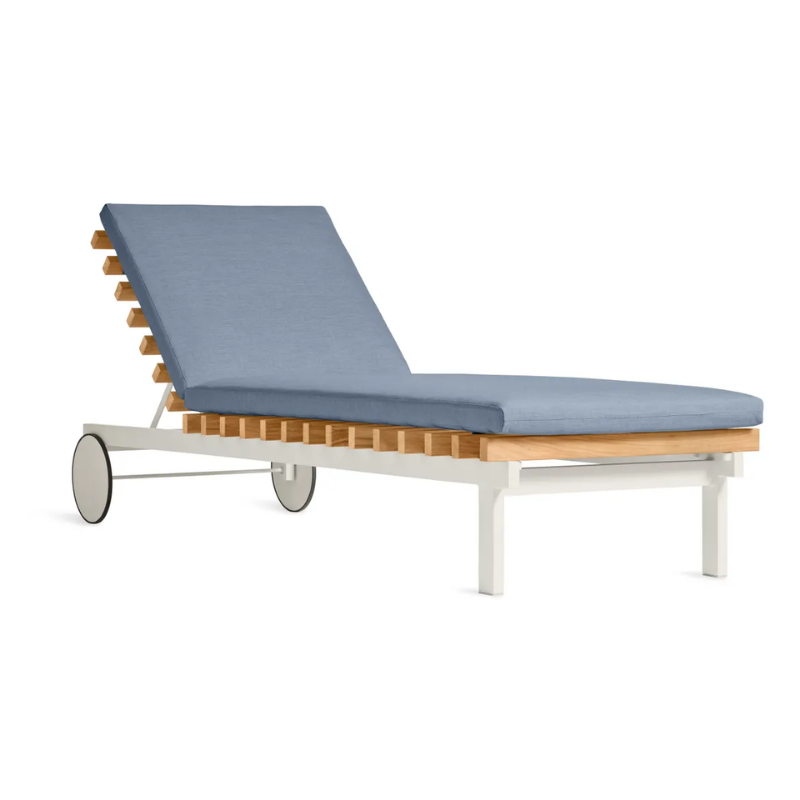 The Perch Outdoor Sun Lounger from Blu Dot with the white frame and sunbrella haze upholstery.