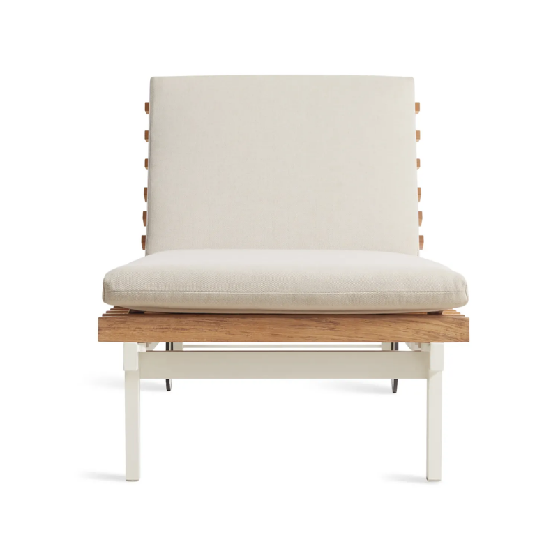 The Perch Outdoor Sun Lounger from Blu Dot with the white frame and sunbrella linen upholstery from the front.