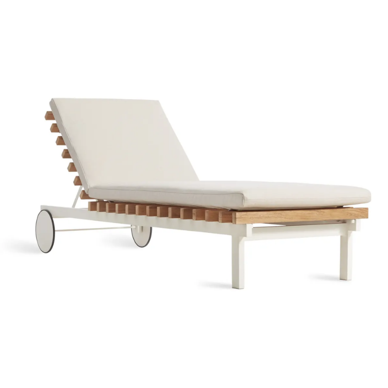 The Perch Outdoor Sun Lounger from Blu Dot with the white frame and sunbrella linen upholstery.