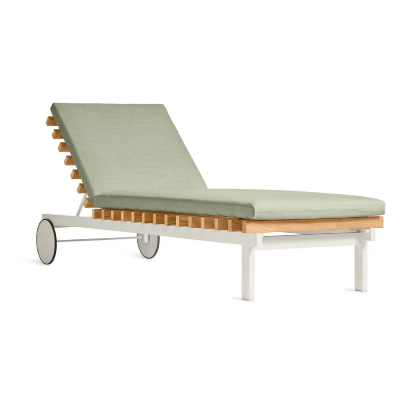 The Perch Outdoor Sun Lounger from Blu Dot with the white frame and sunbrella oasis upholstery.