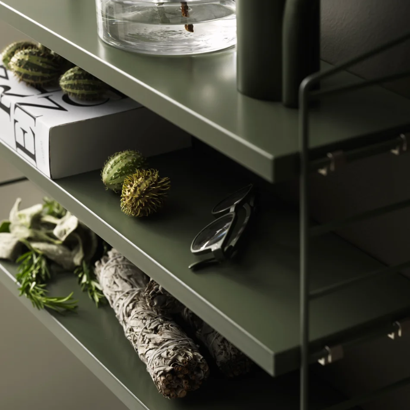 The String Pocket from String Furniture in sage in a living space.