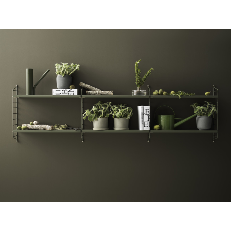 The String Pocket from String Furniture in sage with plants.