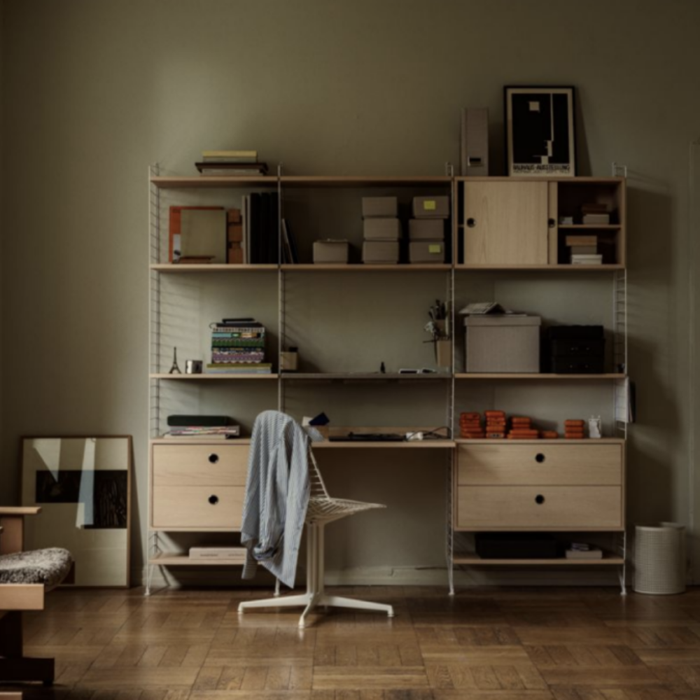 String System workstation configuration featuring a desk and shelves. all-groups
