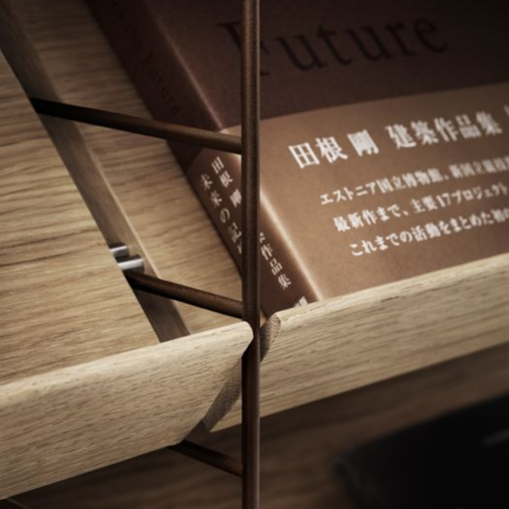The String System by String Furniture dark brown panels with oak shelves.