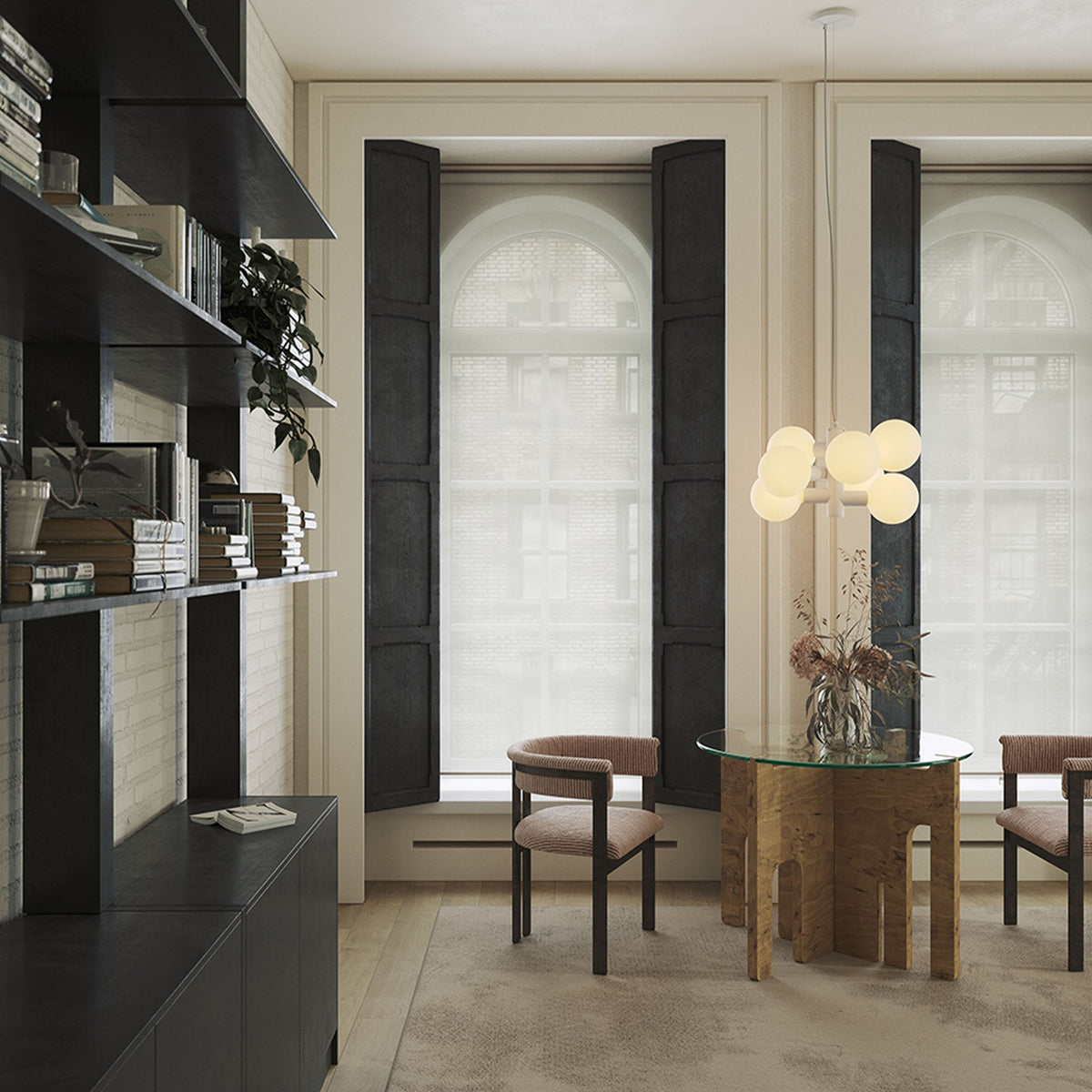 The Echo Chandelier by Tala Lighting in a dining room.
