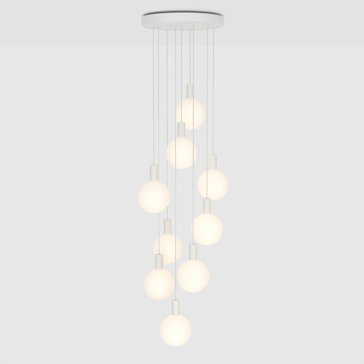 The Alumina Nine Pendant with Sphere V bulbs by Tala Lighting
