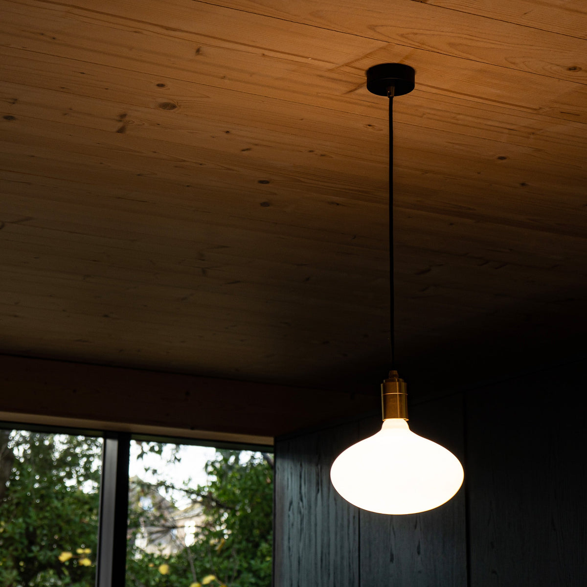 The Oval II E26 LED Bulb by Tala Lighting in a single brass pendant fitting.