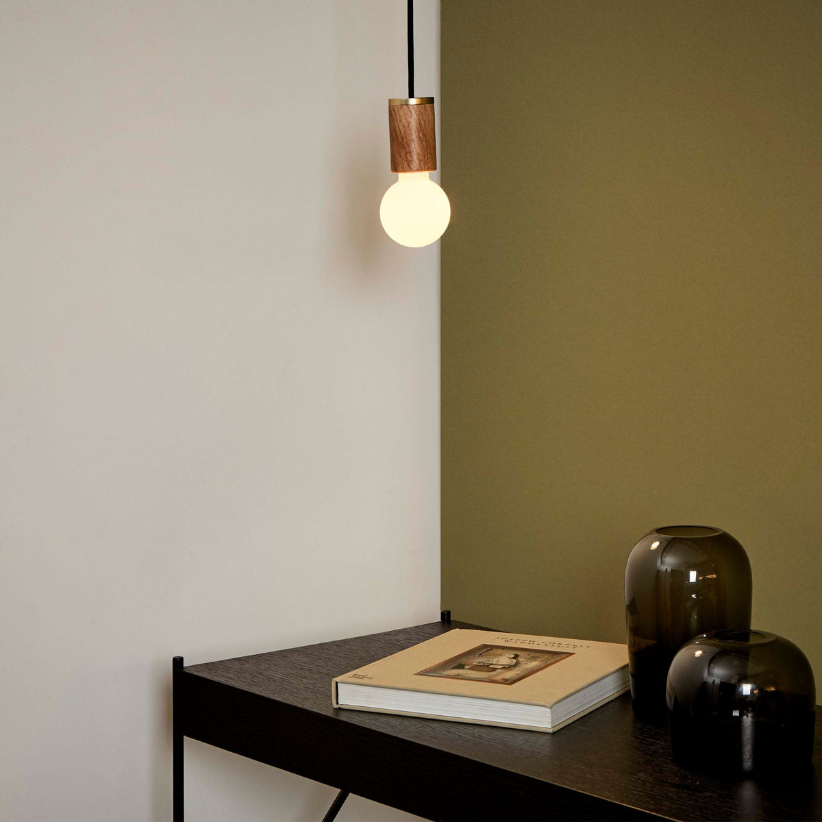 The Sphere II E26 Dim-to-Warm LED Bulb by Tala Lighting with Oak Pendant base.