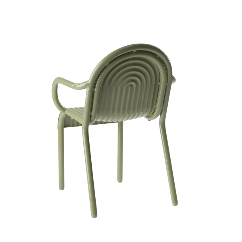 Rear view of the Groove Arm Dining Chair in Moss by Tom Dixon.