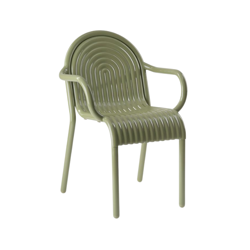 Side view of the Groove Arm Dining Chair in Moss by Tom Dixon.