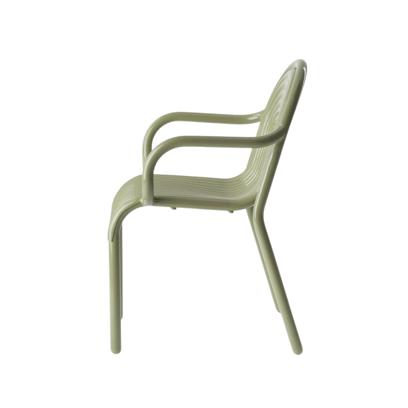 Profile view of the Groove Arm Dining Chair in Moss by Tom Dixon.