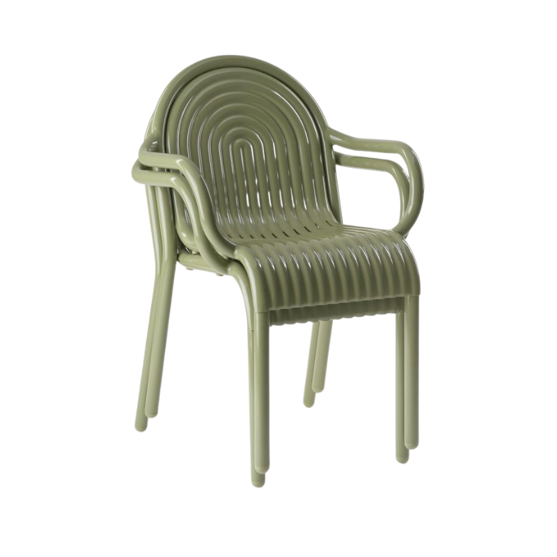 Set of stacked Groove Arm Dining Chair in Moss by Tom Dixon.