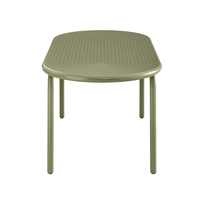 Groove Large Oval Outdoor Table in Moss by Tom Dixon from the side.