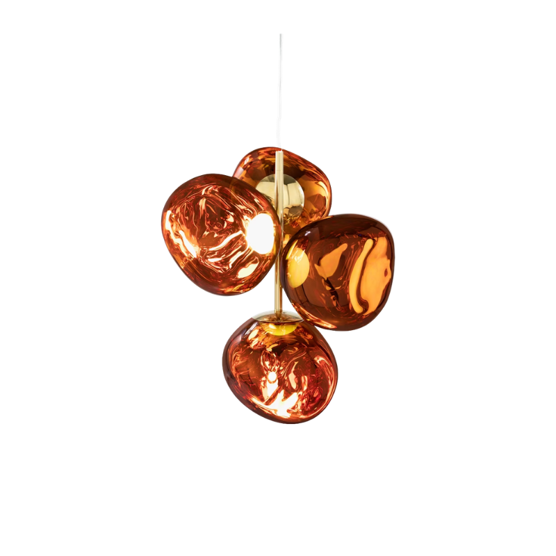 Tom Dixon Melt Chandelier Mini in Copper turned on.