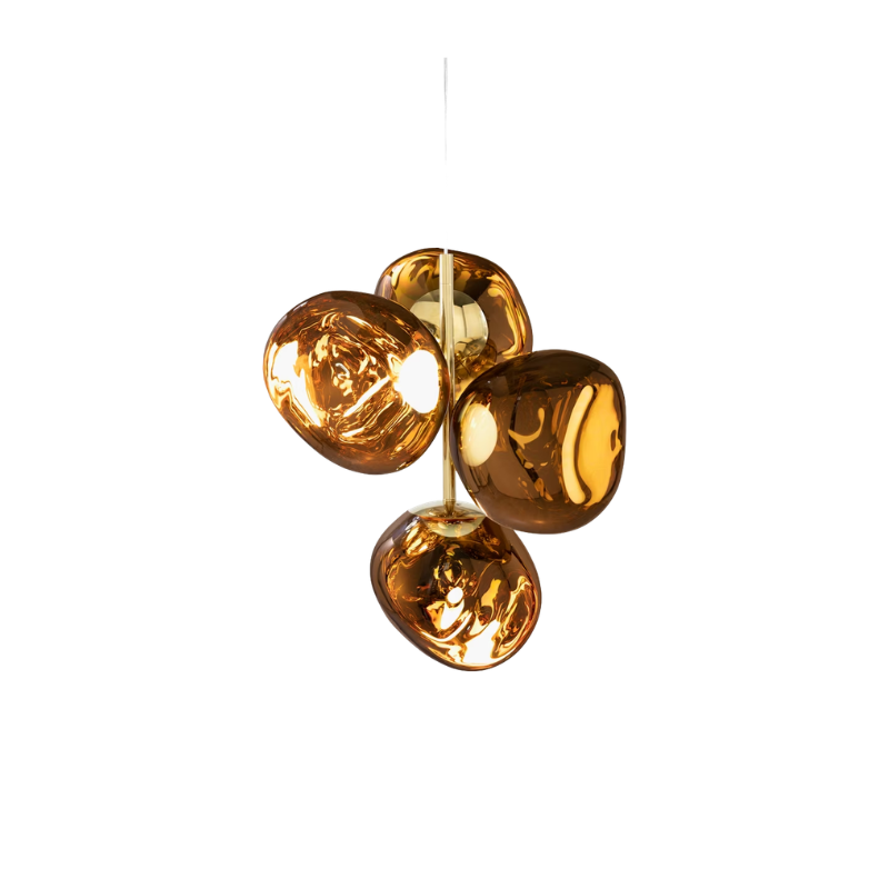 Tom Dixon Melt Chandelier Mini in Gold turned on.