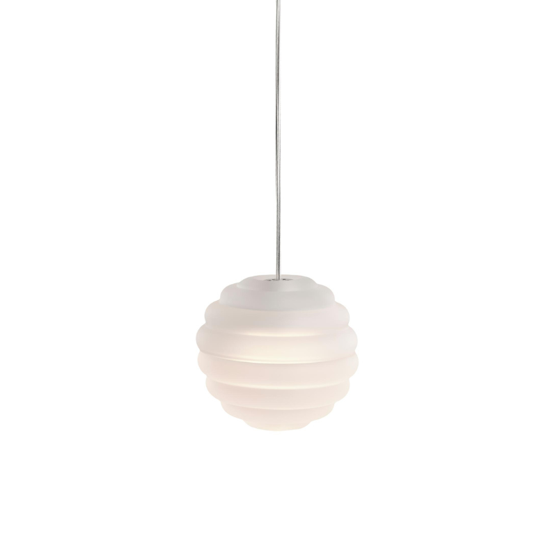 Tom Dixon Press Frosted Sphere Mini Pendant turned on.