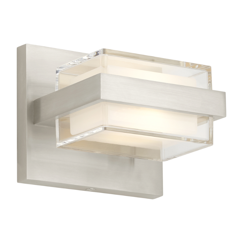 The Kamden 1-Light Bathroom Sconce from Visual Comfort & Co. in satin nickel from an angle.