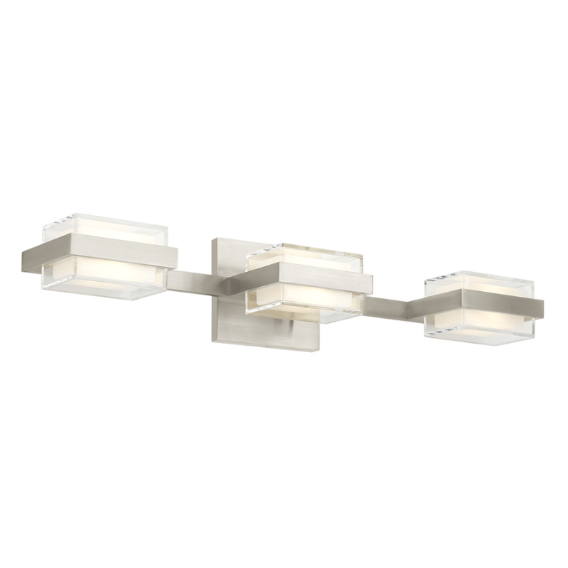 The Kamden 3-Light Bathroom Sconce from Visual Comfort & Co. in satin nickel.