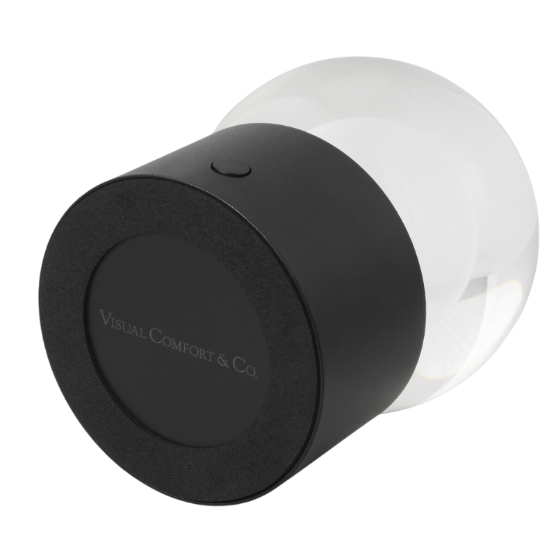 The Mina Accent Rechargeable Table Lamp from Visual Comfort and Co in photograph showing the base and logo.