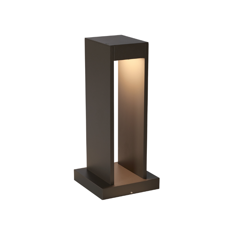 A modern outdoor bollard path light with a black finish and a visible LED light panel at the top from Visual Comfort and Co.