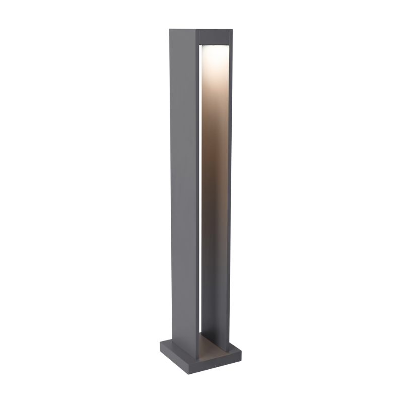 A modern outdoor bollard path light with a black finish and a visible LED light panel at the top from Visual Comfort and Co.