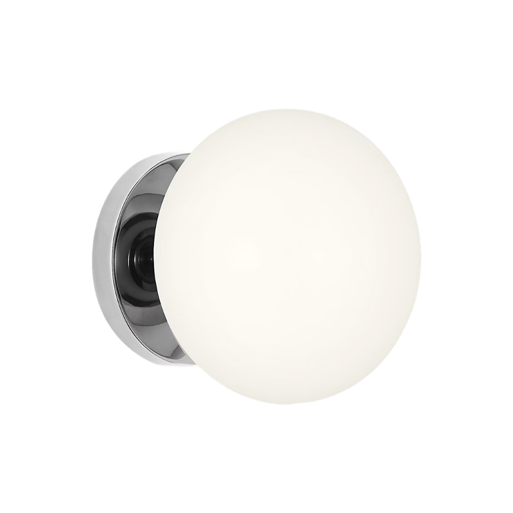 The Lune 1-Light Bath Sconce from Visual Comfort & Co in Chrome turned on.