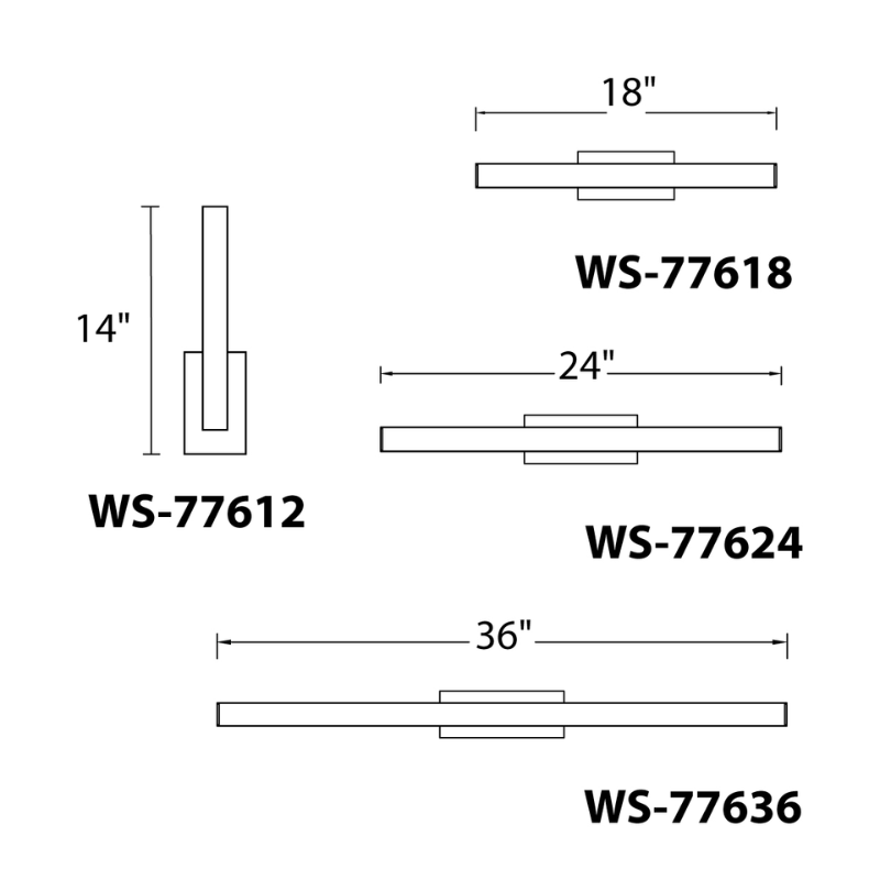 The Brink Bathroom Sconce from WAC Lighting dimensions for all four light sizes. all-groups