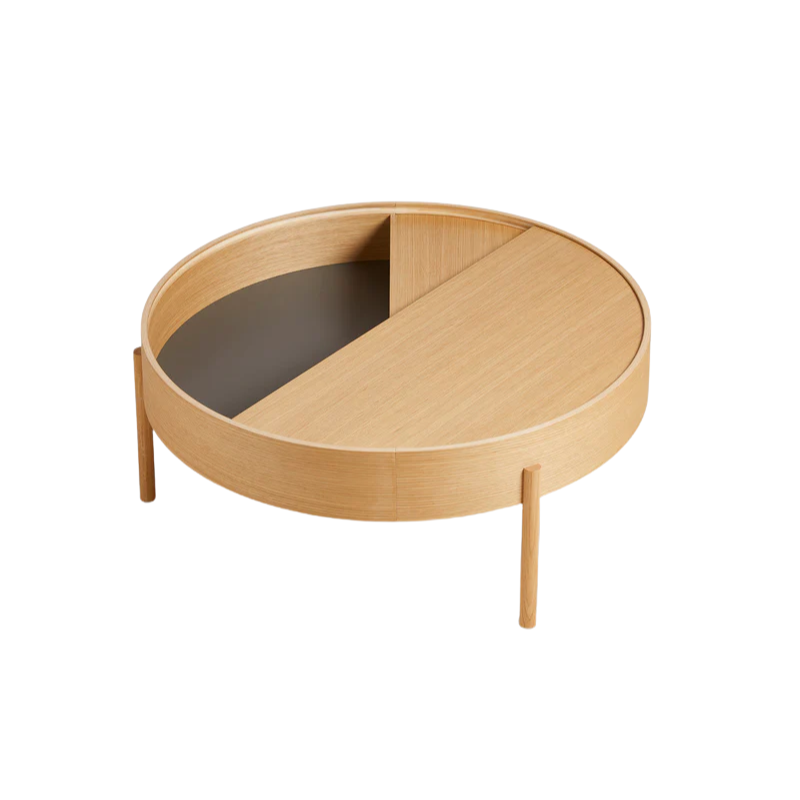 The large 35 inch ARC Coffee Table from Woud in oiled oak from a top view.