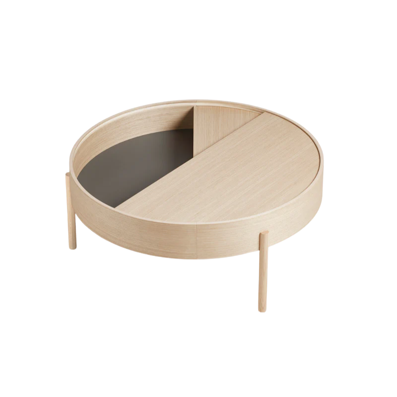 The large 35 inch ARC Coffee Table from Woud in white pigmented ash from a high angle.