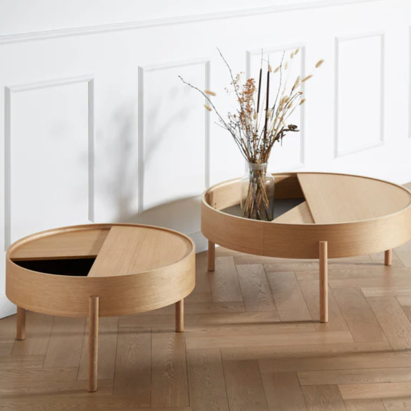 The ARC Coffee Table from Woud in oiled oak in a home office.