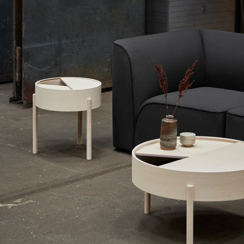 The ARC Side Table from Woud in white pigmented oak in a living room.