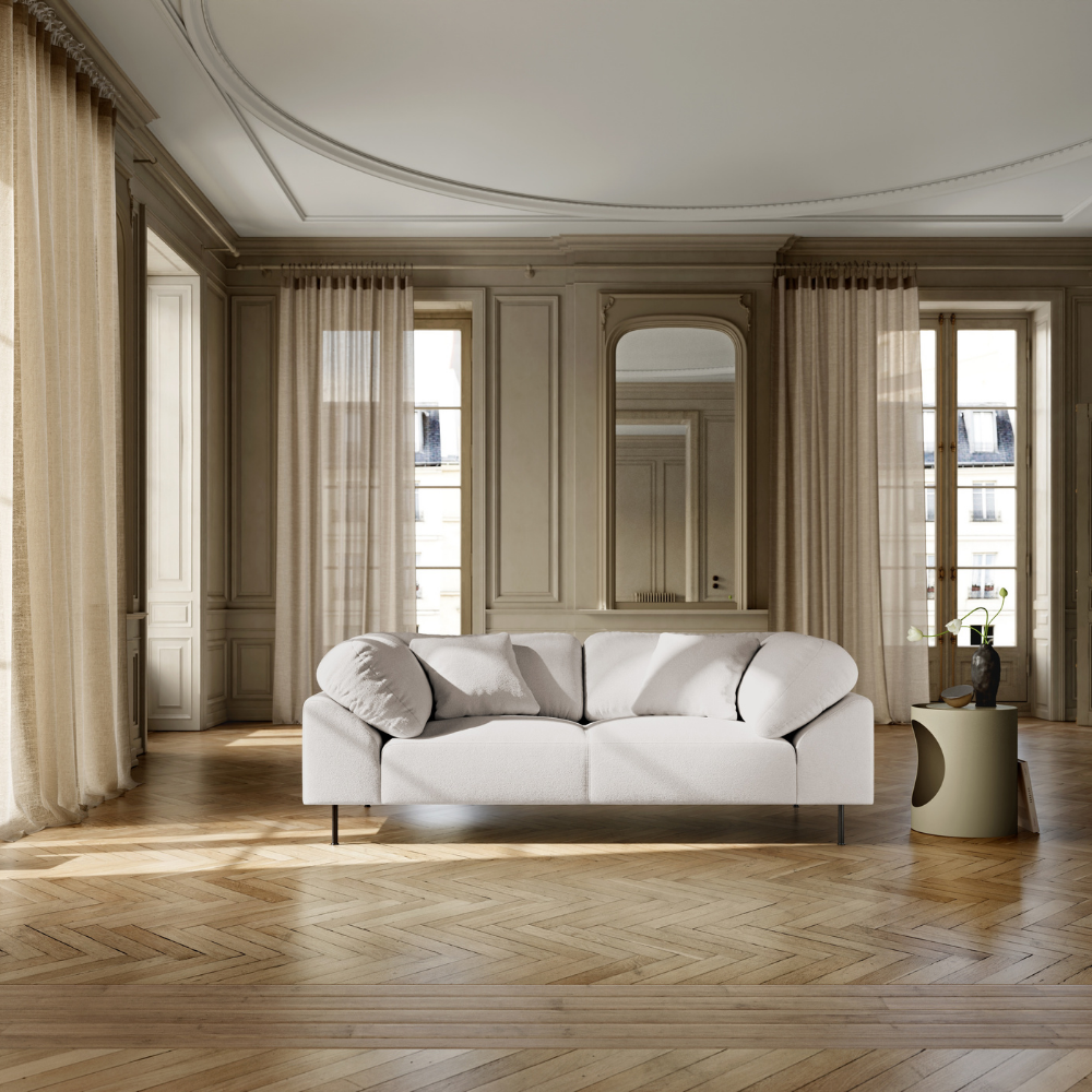 Collar Sofa 2-Seater by Woud in Alpine 01 - Natural boucle upholstery in a living room.