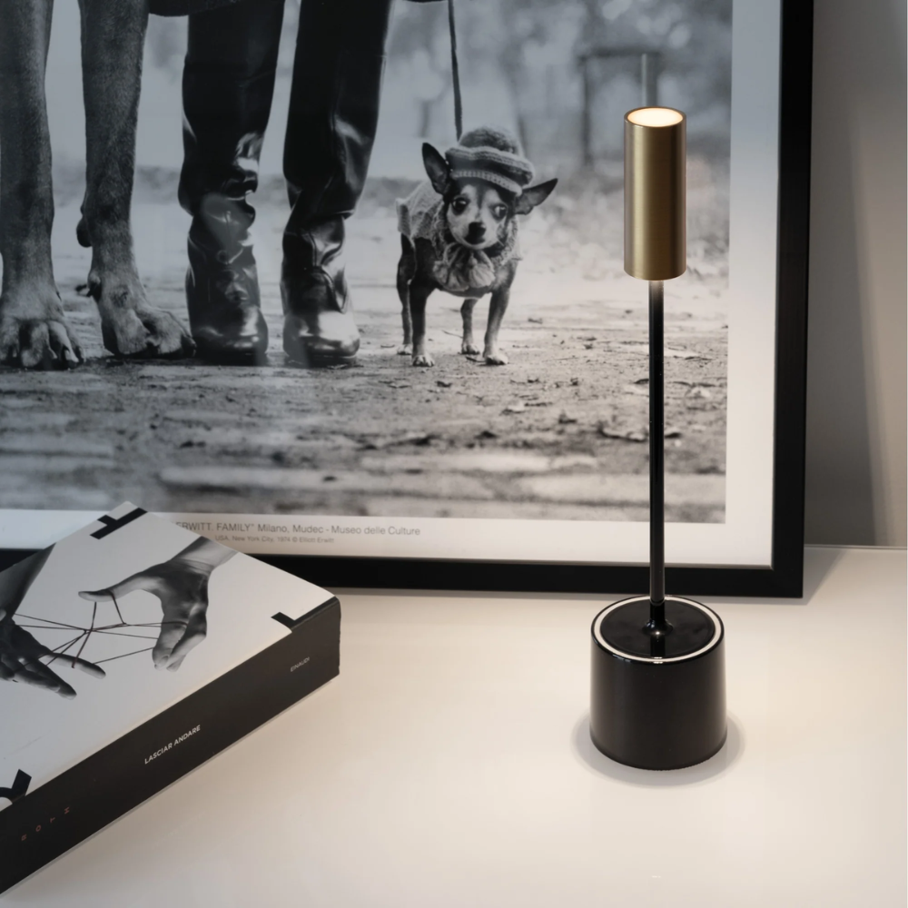 The jet black and brushed brass Carolina Pro from Zafferano in a primary bedroom.