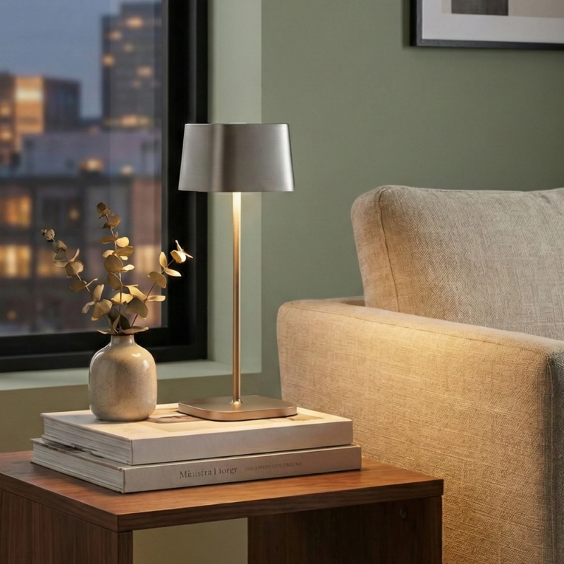 The antique nickel Ofelia Pro cordless lamp from Zafferano in the study room.